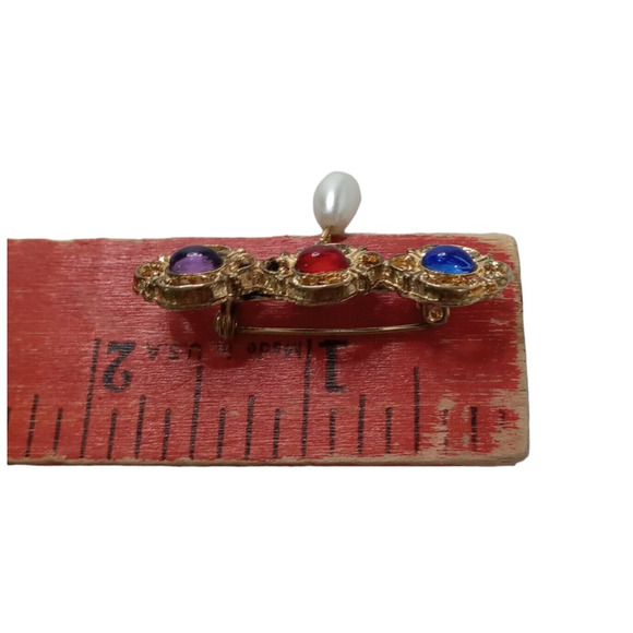 Vintage Cabochon Bar Pin Brooch Faux Pearl Drop Gold Tone VTG - Picture 6 of 16